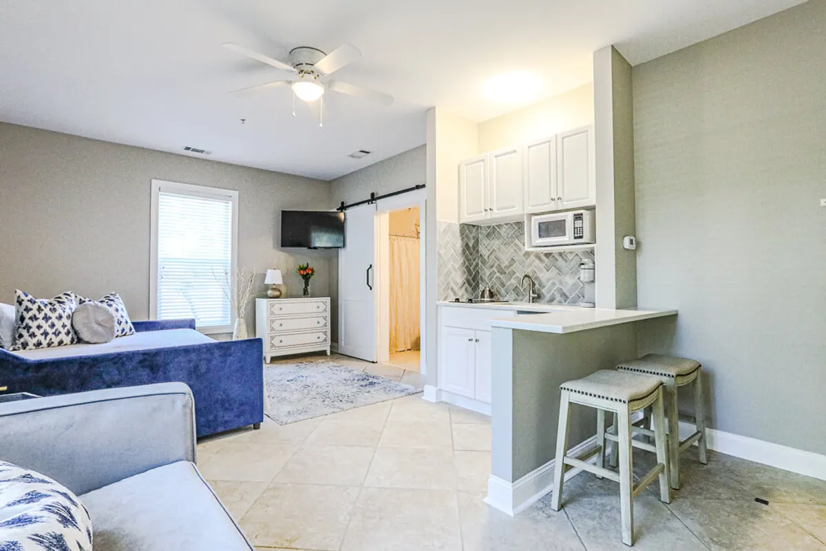 A modern, comfortable living area with a blue sofa, a vibrant decorative rug, a sleek kitchenette, and a mounted television. A sliding barn door hints at thoughtful, space-saving design. The ambiance invites both relaxation and productivity.